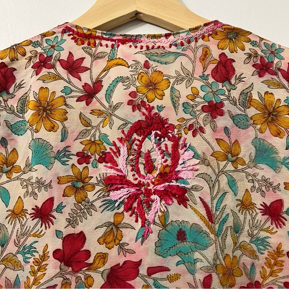 KC Signatures Women L Colorful Silk Crochet Hippie Bohemian Festival Henley Top - Picture 7 of 14